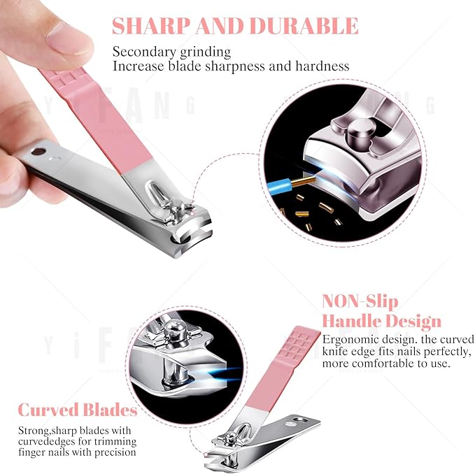 Manicure Set Pedicure Kit Nail Clippers Set Fingernail Clipper Set Ingrown Toenail Nail Kit Scissor Nail Trimmer Kit 15 Pieces Travel Nail Kit Care Grooming Tools with Fine Case Fine GIF (Pink_15in1)
