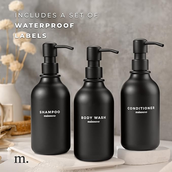 MaisoNovo Refillable Shampoo and Conditioner Bottles - 16.9 fl oz Set of 3 Black Plastic Bottles Black Plastic Pumps