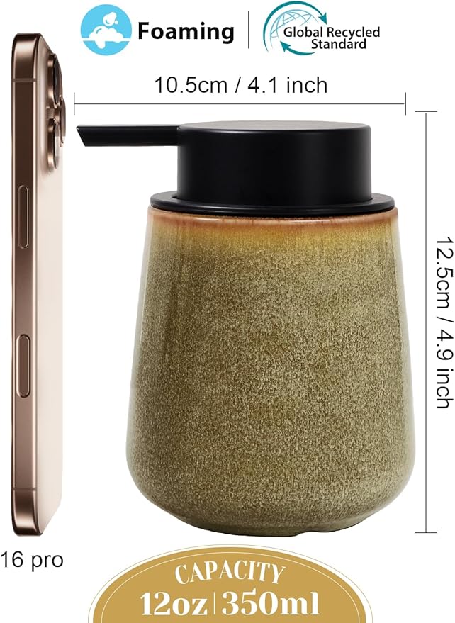 INGOFIN Ceramic Foaming Soap Dispenser - 12 oz Refillable Foam Hand Soap Dispenser Bathroom, Modern Dish Dispenser Pump for Kitchen,Kiln-Glazed Earthy Greenish-Brown