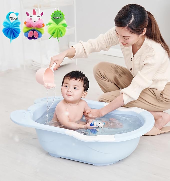 MURRI&MURRDI 3 Pack Kids Cartoon Bath Sponges - Cute Animal Shower Poufs for Toddlers, Gentle Exfoliating Body Scrubber & Mesh Loofah Gift Set for Boys Girls