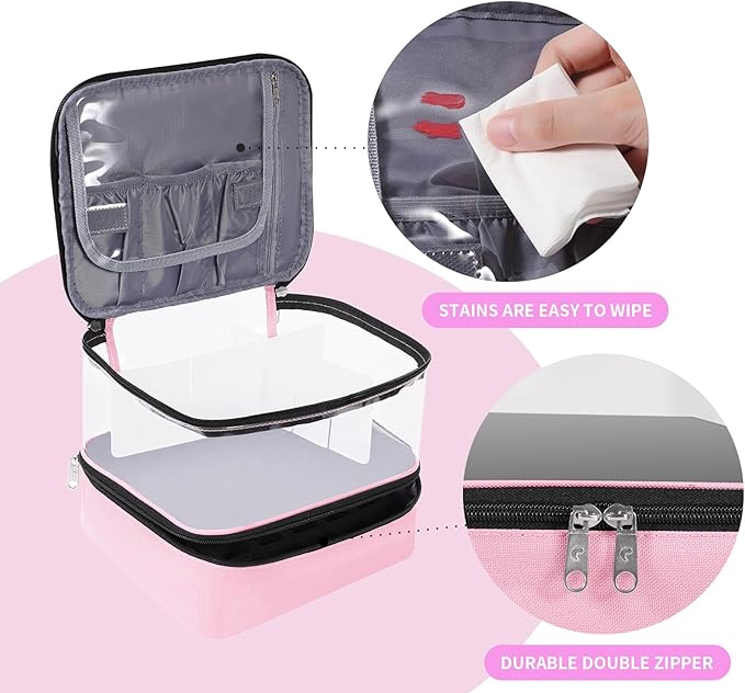 Clear Nail Polish Organizer Double layer Nail Polish Holds 30 Bottles and Nail Lamp, Nail Dryer Case Storage Supplies with Adjustable Dividers, Portable Nail Carrying Bag for Nail Tech (Pink)