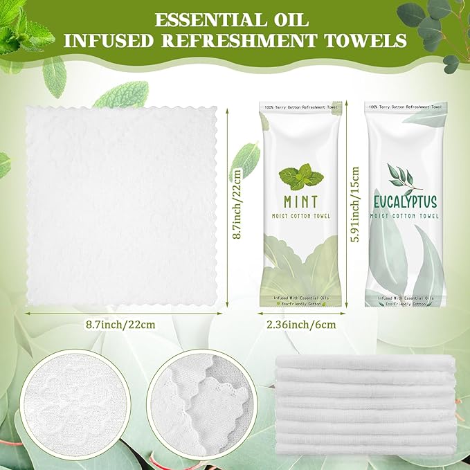 Timgle 50 Pcs Moist Towelettes Individually Wrapped Scented Disposable Face Towels Essential Oil Infused Moist Terry Cotton Towel for Use Hot or Cold Travel Body Spa(Mint, Eucalyptus Leaves)