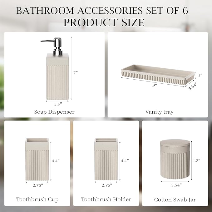 6-Piece Beige Bathroom Set - Sleek Resin Bathroom Accessories Set with Soap Dispenser, Toothbrush Holder, Vanity Tray, Tumbler & Apothecary Jars for Small Spaces