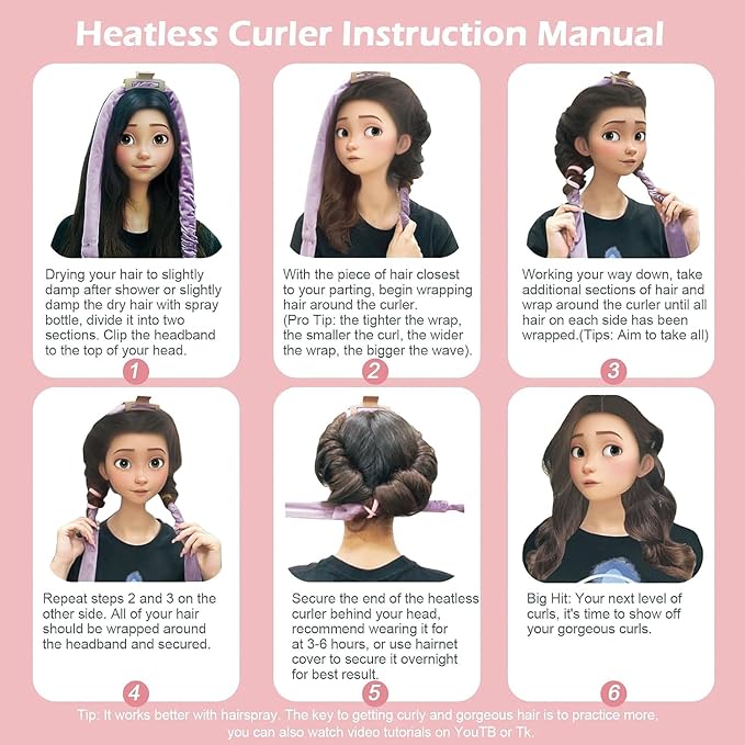 Heatless Curls Overnight Headband, 70'' No Heat Hair Curlers with Hair Bonnet for Sleeping, Light Pink