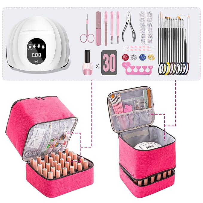 Nail Polish Carrying Case with UV LED Nail Lamp Compartment - Holds 30 Bottles, Double-layer Nail Light Storage Bag for Nail Dryer, Rose-Pink (BAG ONLY)