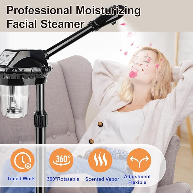 Professional Facial Steamer for Deep Hydration,Ozone Face Steamer with More Steam,Estheticians Steamer on Wheels with Time Setting,Adjustable Height Suitable for Beauty, Spa and Home Use
