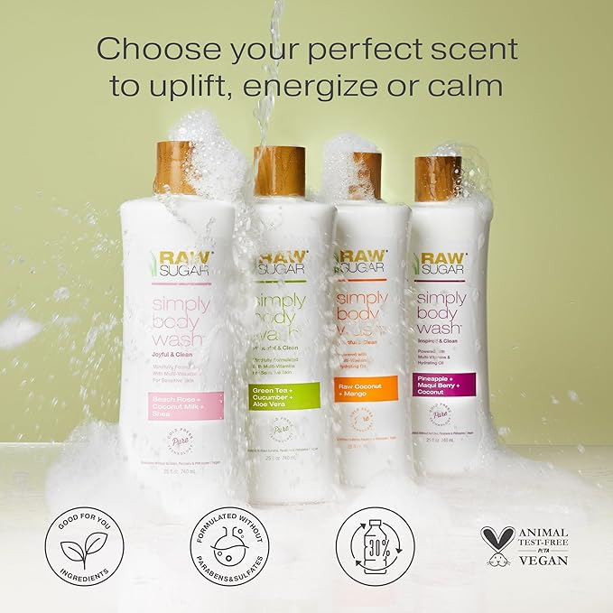 RAW SUGAR Simply Body Wash, Beach Rose + Coconut Milk + Shea (25 Fl Oz, Pack of 1) Sensitive Skin Bath Soap, Formulated without SLS/SLES & Parabens