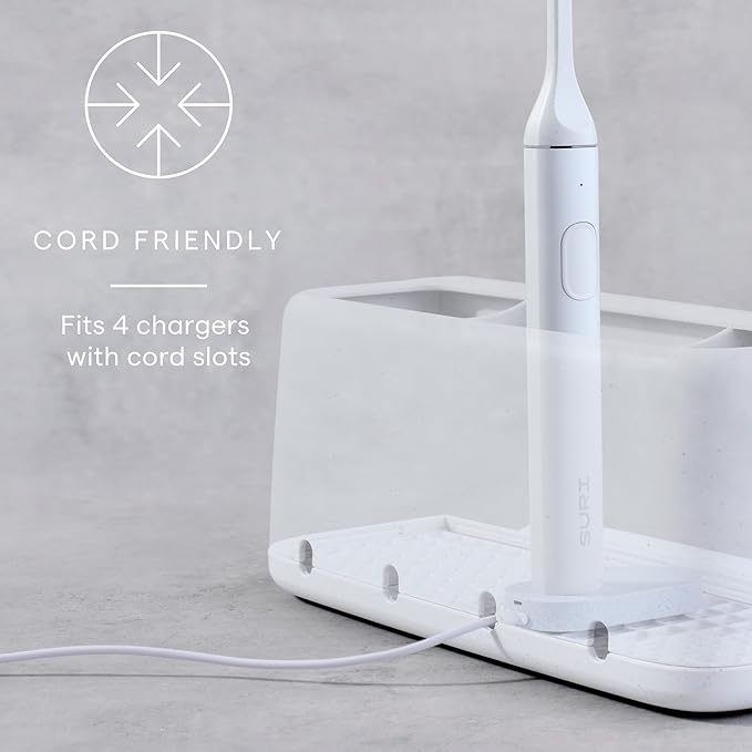 YouCopia The Ledge Toothbrush Holder, 3-Slot, Bathroom Vanity Counter Organizer with Cord Slots, Removable Base and Storage for Phones, Toothpaste and Accessories