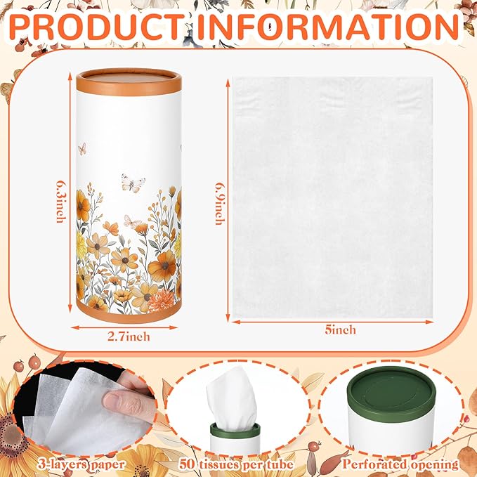 12 Pack Spring Floral Tissue Boxes for Car Cylinder Bulk Wildflower Round Cylinder Holder with 3 Ply Facial Tissues for Spring Travel Bathroom Office Decoration Supplies
