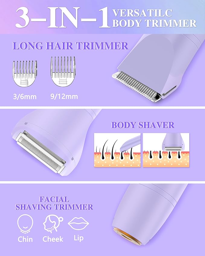 Bikini Trimmer for Women, Electric Razor for Pubic Hair 3-in-1, Bikini Shaver for Legs Body Hair, Womens Electric Razor IPX6 Waterproof, Gifts for Women,Purple