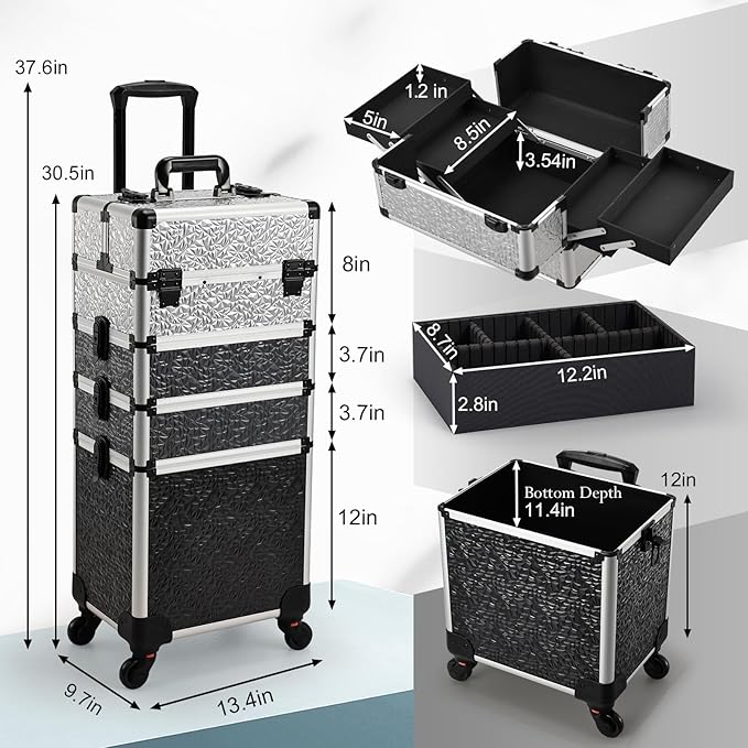 Stagiant Rolling Makeup Train Case Cosmetology Case on Wheels 4 in 1 Large Cosmetic Case with Wheels Makeup Travel Case with Keys Nail Kits Organizer Artist Salon Storage Traveling Cart Trunk Tricolor