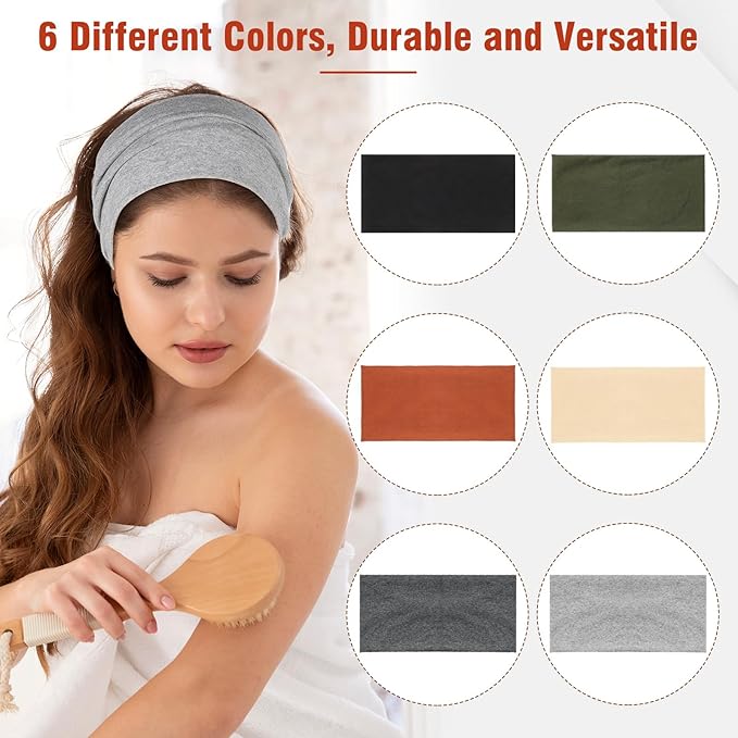 6 Pack Cotton Stretchy Headbands for Workouts Yoga, Wide Head Bands for Women Girls (Width 4.7 inches)