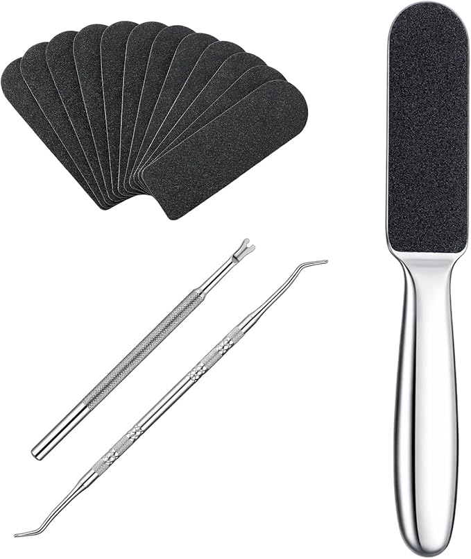 Professional Pedicure Foot File, Dual Sided Callus Cracked Remover Feet File Stainless Steel Foot Hard Skin Feet Rasp with 12 Pcs Replaceable Pads and Pedicure Tools for Women Men Corns Callus Cracked
