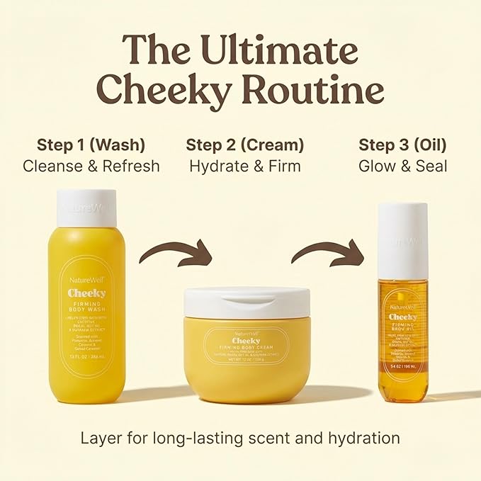 NATURE WELL Cheeky Firming Body Oil, Luxuriously Glowy & Fast-Absorbing Formula Designed to Nourish, Firm, & Visibly Smooth Skin, Scented with Pistachio, Almond, Coconut, & Salted Caramel, 3.4 Oz