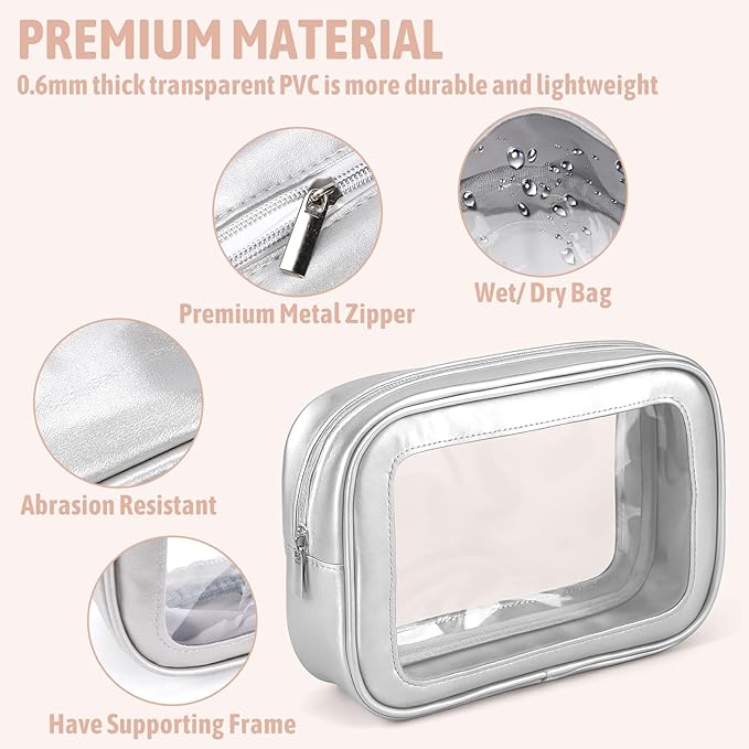 3PCS Clear Toiletry Bag,TSA Approved Travel Makeup Pouch with Zipper for Cosmetics and Toiletries，Diaper Bag Organizer Pouch Set，Women's Purse Organizer and Clear Car Bag