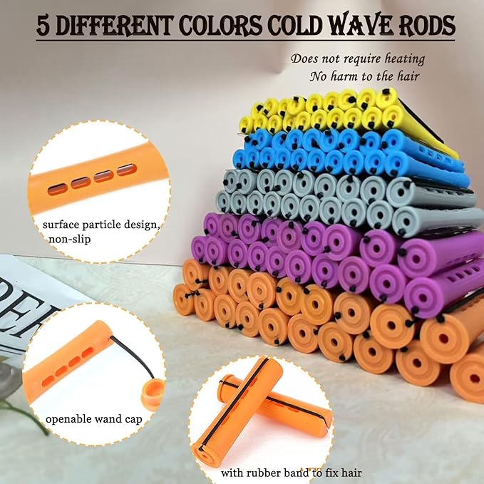 100pcs Perm Rods Set for Natural Hair Plastic Cold Wave Rods Hair Rollers Curling Rod for Women DIY Hairdressing Tools（Orange+Purple+Gray+Blue+Yellow）