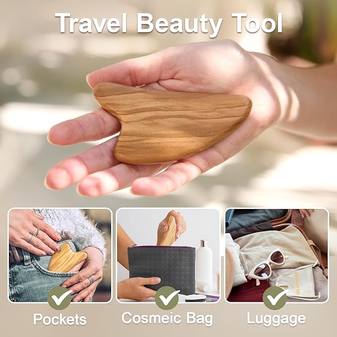 Gua Sha Tool for Face & Body - Natural Olive Wooden Lymphatic Drainage Massager, Facial Massage Tool for Jawline Sculpting & Puffiness Reducing, Skin Care Gift with Satin Pouch