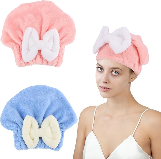 2PCS Microfiber Hair Drying Caps Hair Towel Cap Extra Soft and Ultra Absorbent Fast-Drying Hair Turban Wraps Gift for Women and Girls(Pink and Blue)