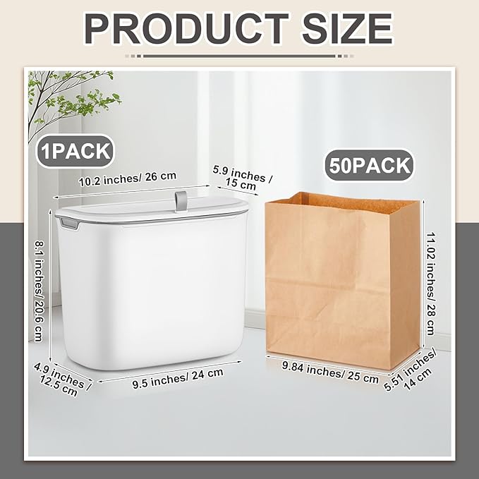 Tioncy 1 Pack Sanitary Napkin Disposal Receptacle with 50 Pcs Waxed Feminine Hygiene Bags Tampon and Pad Holder for Bathroom with Lid Kraft Paper Liner Bag Wall Hanging Trash Can Kitchen Compost Bin