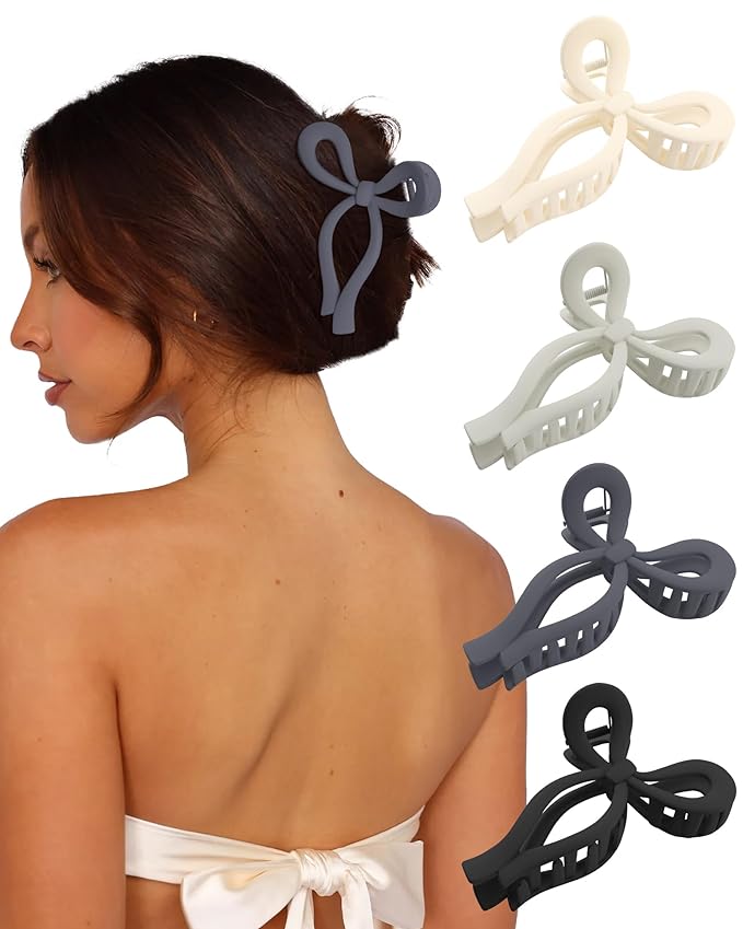 4 PCS Bow Hair Clips Bow Claw Clip for Women Nonslip Large Hair Claw Clips for Thin and Thick Hair Strong Hold Hair Bows (Purple+Rose red+Orange+Light brown)