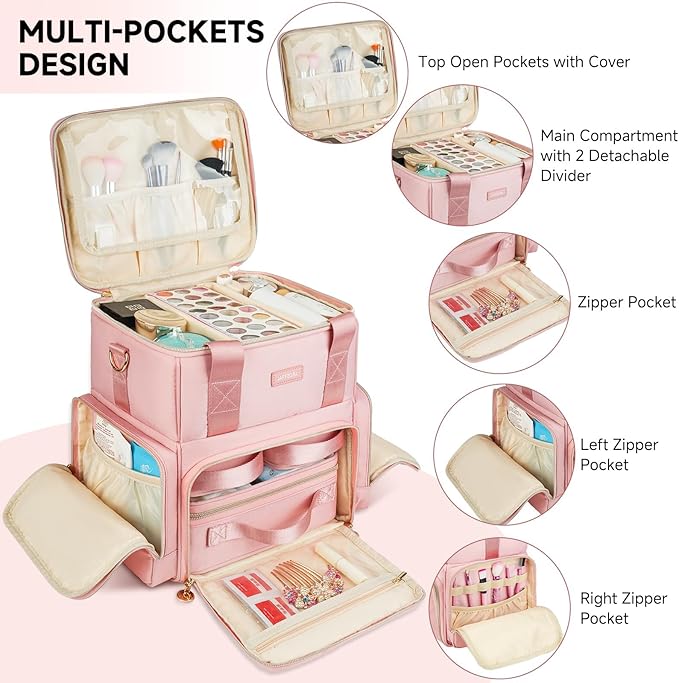 Extra Large Makeup Bag,4 in 1 Cosmetic Storage Organizer Travel Case with 3 Detachable Pouches and Dividers,Pink