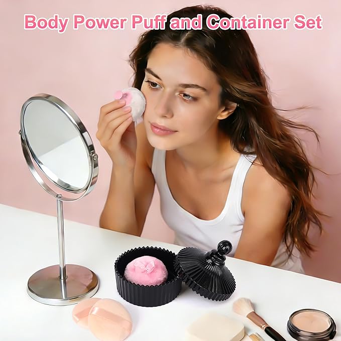 Extra Large Body Powder Puff and Container Set Crystal Powder Container with 3 Soft Velour Power Puffs for Women Baby Face Body Washable Reusable Wet Dry Makeup Mother's Day Gifts (Black)