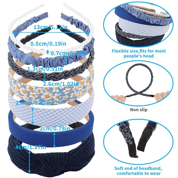 AHONEY 7 Pack Navy Blue Headbands for Girls Women Dark Blue Headbands Trendy Non Slip Hairbands Cute Hair Accessories Multi-style Preppy Headband Pack Diademas Para Mujer