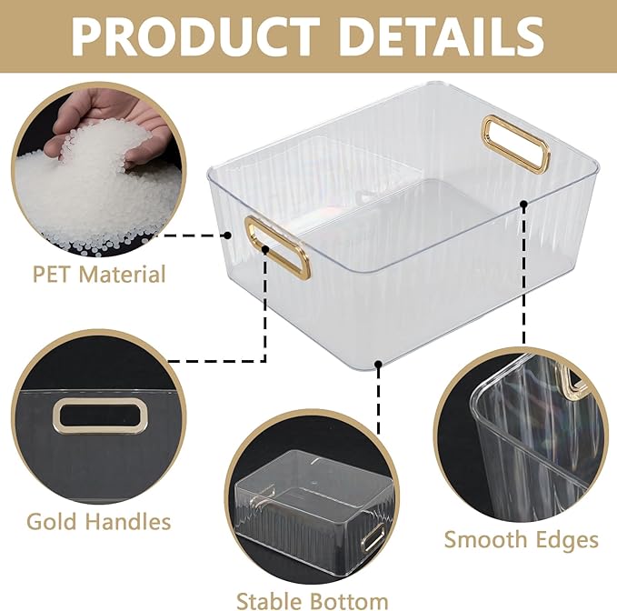 4 Pack Clear Plastic Storage Container Bins for Pantry, Fridge, Shelf, Tabletop, Cabinet