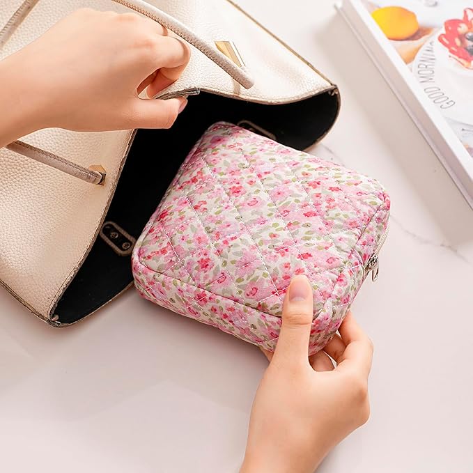 Small Quilted Cotton Makeup Bag for Purse, Cosmetic Bag with Compartments, Cotton Aesthetic Makeup Bag, Travel Toiletry Pouch, Lipstick Bag Card Holder Data Cable Organizer (15Small Pinkflower)