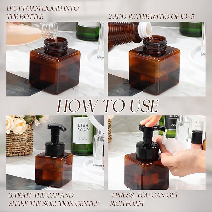 Domensi 12 Pcs Foam Pump Bottle Foaming Soap Dispenser Empty Travel Foaming Dispenser 8.5 oz Refillable Hand Soap Plastic Pump Bottle Travel Clear Container for Bathroom Vanities (Brown)