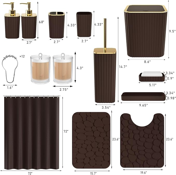Bathroom Accessories Set - 25PC Brown Bathroom Sets with Shower Curtain and Rugs, Bathroom Accessory Set, Brown Shower Curtain Set, Trash Can, Qtip Holder Dispenser & Soap Dispenser