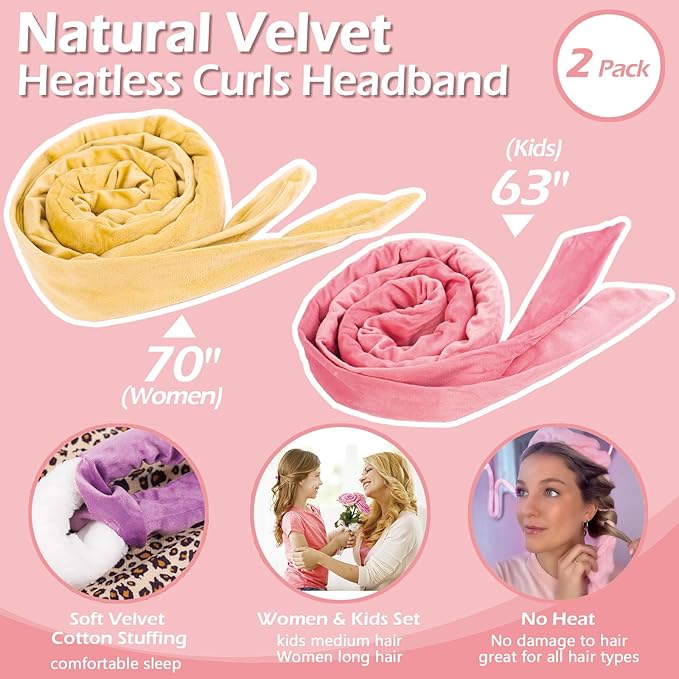 Heatless Curls Overnight Headband, 70'' No Heat Hair Curlers for Medium Long Hair, Champagne Pink