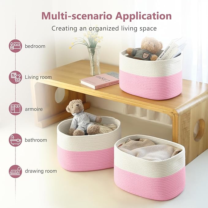 Cotton Rope Shelf Storage Basket, 15x10x9 in, Shelf Storage Baskets for Clothes, Towels, Books, Laundry (White/Pink, 1 Pack)