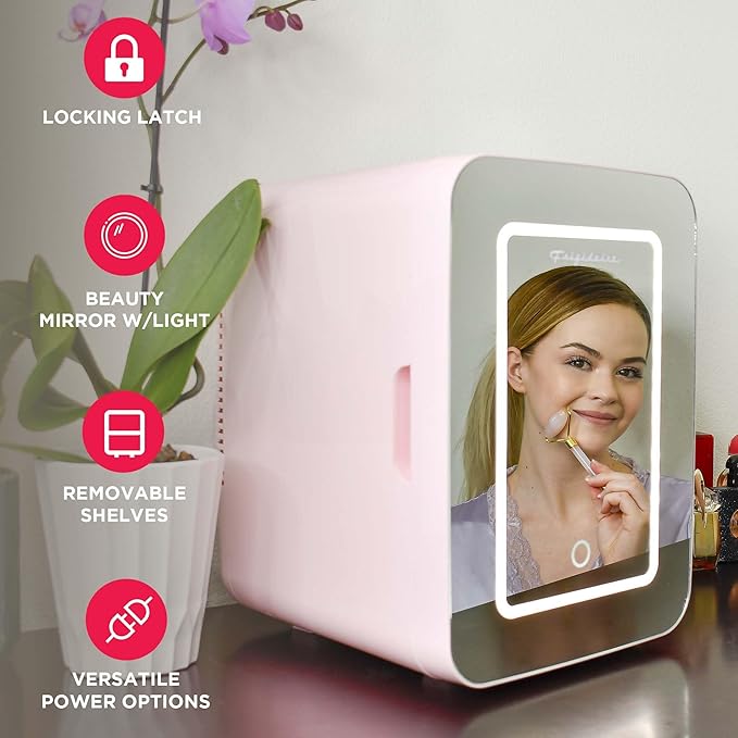 FRIGIDAIRE Mini Personal Fridge Cooler, LED Lighted Mirror, 6.5L Capacity, 9 Cans, 100% Freon-Free & Eco Friendly, for Makeup, Skincare, Portable, Pink