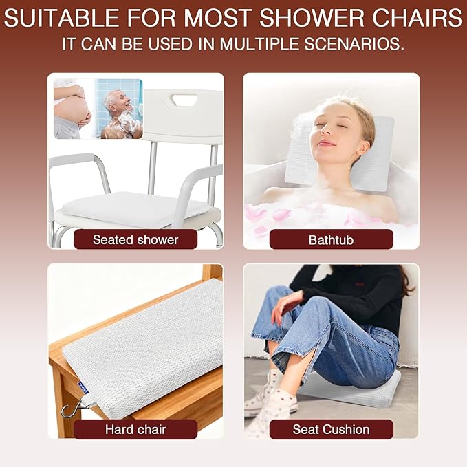 Gooo&Ma Non-Slip Waterproof Shower Seat Cushion Bathtub Pillow Shower Chair Bench Bathtub Cushion - with 3D Mesh & Hook - Bath Pillow，for Elderly，Pregnancy - Washable and Quick Drying(White)