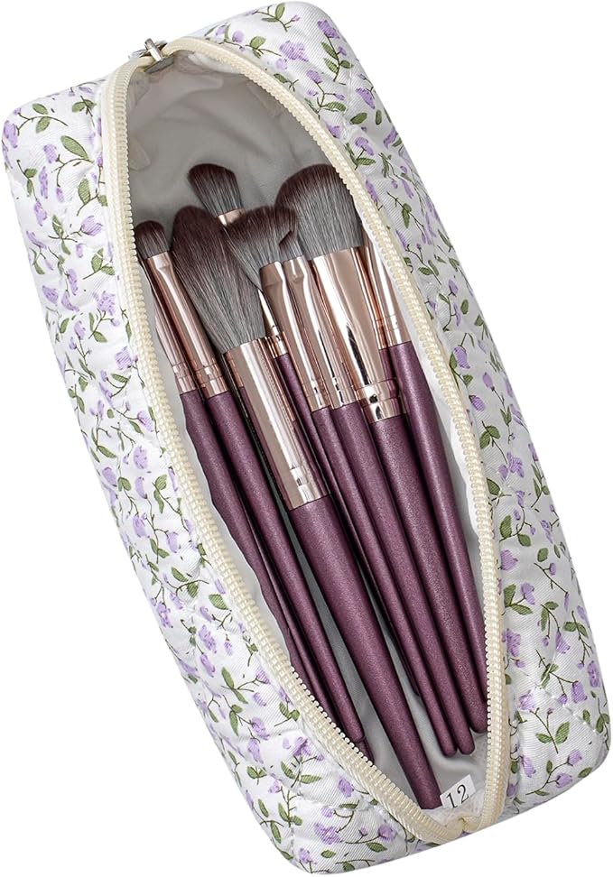 Cute Floral Cotton Makeup Brush Cosmetic Bag for Women, Travel Quilted Zipper Make Up Bag, Flowers Toiletry Organizer Case Kawaii Makeup Cosmetic Travel Cloth Pouch (Purple Floral)