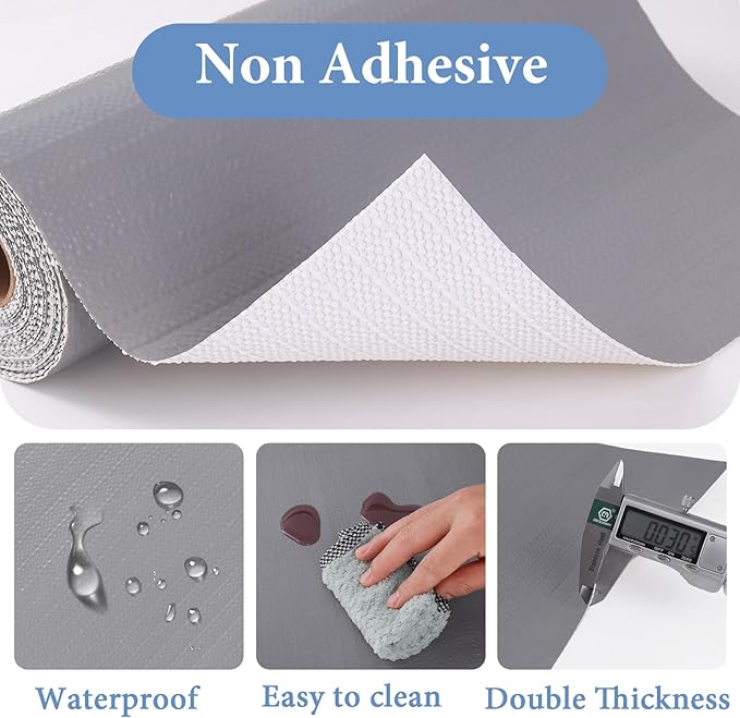 Shelf Liners for Kitchen Cabinets Non Adhesive Drawer Liner 12in x 20FT Pure Grey Thickened Shelf Liner Strong Non-Slip Easy to Clean for Tool Box Refrigerator with Knife and Tape Measure