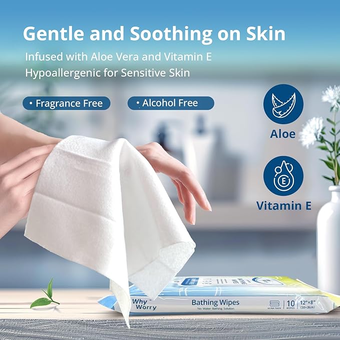 WhyWorry Ultra Thick Bathing Wipes for Adults Rinse Free, Large Body Wipes for Women, Men, Elderly Care & Cleaning, 8" x 12" Disposable Shower Washcloths for Gym & Camping, Unscented, 100 Count