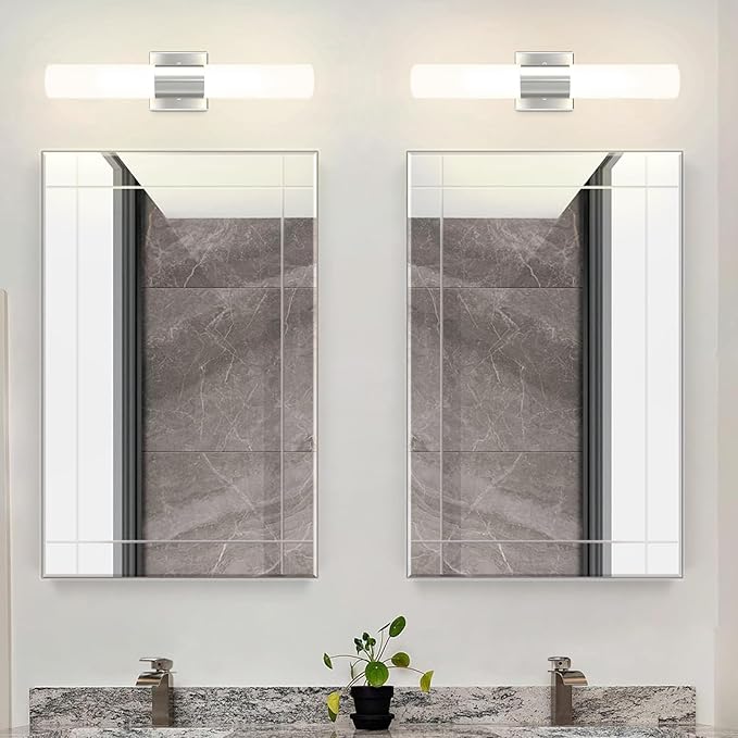 Bathroom Wall Sconces Set of Two, 21 Inch Modern Vanity Lights with Frosted Glass Shade, Bathrooms Vanity Lighting Fixtures for Mirror Bedroom Living Room Hallway (Silver)