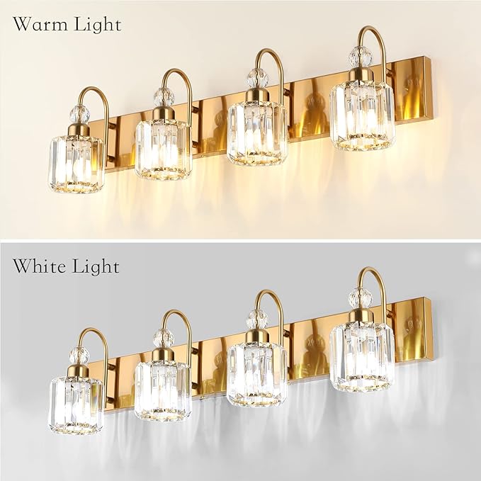 Ralbay Brass Gold Vanity Lights 4-Lights Crystal Bathroom Lighting Fixtures Over Mirror Modern Wall Lighting for Bathroom