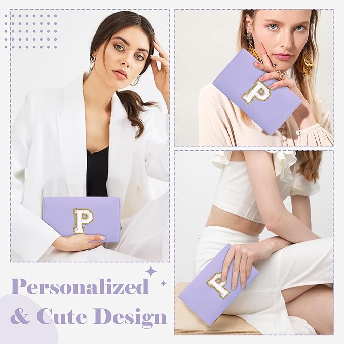 Personalized Makeup Bag Initial A-Z Preppy Patch Bag,Small PU Leather Travel Cosmetic Bag Pouch with Zipper,Purple Cute Toiletry Bag,Gift Ideal for Teen Girls Women Birthday Friend Mom,Latter P