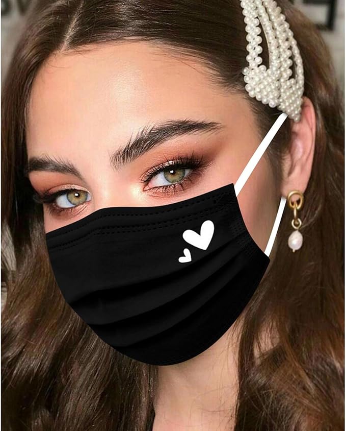 50pcs Cute Disposable Face Masks, Pink And Black Masks with Hearts Printed, 3-Ply Full Face Protection for Women Teen Girls
