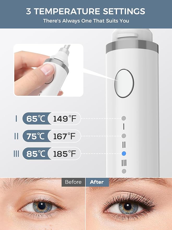 Smiling Shark Heated Eyelash Curler, 360°Wand-Style Heated Eyelash Curler Comb with 3 Brush Heads & 3 Temp & 5s Fast Heating【Lengthen/Define/Curler】 3-in-1 Lash Curler for All Types of Lashes