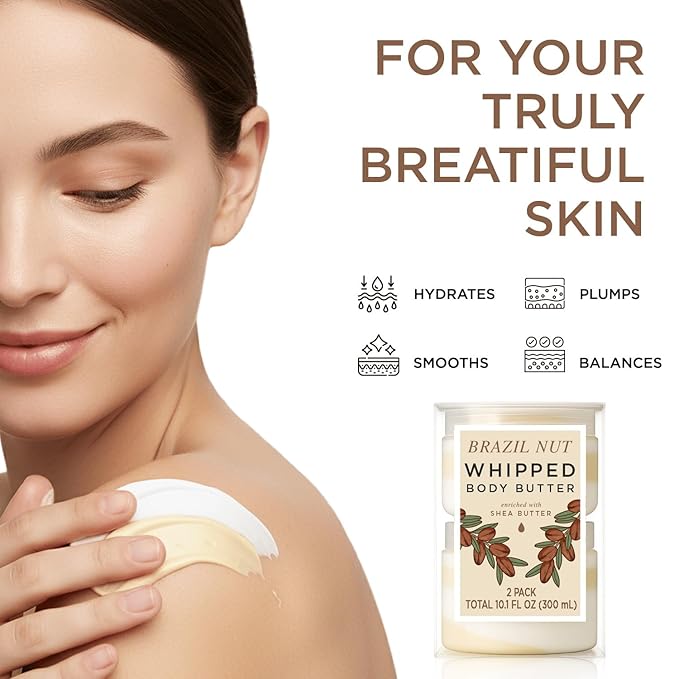 Princess Belle Brazil Nut Whipped Shea Body Butter, Body Moisturizer for Dry Skin, Smell Good, Brazil Nut Gifts for Women-2 Pack (3.4floz + 6.8 floz)