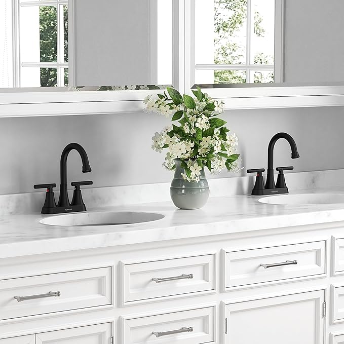 Bathroom Faucets for Sink 3 Hole, Hurran 4 inch Matte Black with Pop-up Drain and 2 Supply Hoses, Stainless Steel Lead-Free 2-Handle Centerset Faucet for Sink Vanity