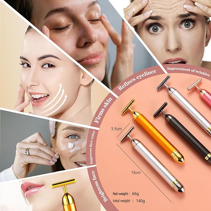Beauty Bar 24K Gold Facial Massager - Face T Shape Tool for Skin Care Tightening with Ergonomic Design (Gold)