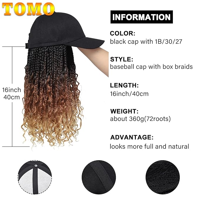 GUOJIAN Goddess Box Braids Baseball Cap Wig Bohemian Curly Ends Box Braiding Hat with Crochet Hair Extensions for Black White Women Synthetic Braids Hat Wig with Hair Attached (16inch, T1B/30/27)