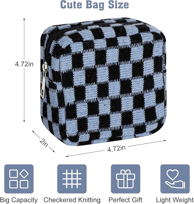 Sanitary Napkin Storage Bag, Menstrual Pad Zipper Bag Checkered Portable Period Bag Panty Liners, Tampon Storage Pouch for Women Ladies Daily Use Storage Purse Travel