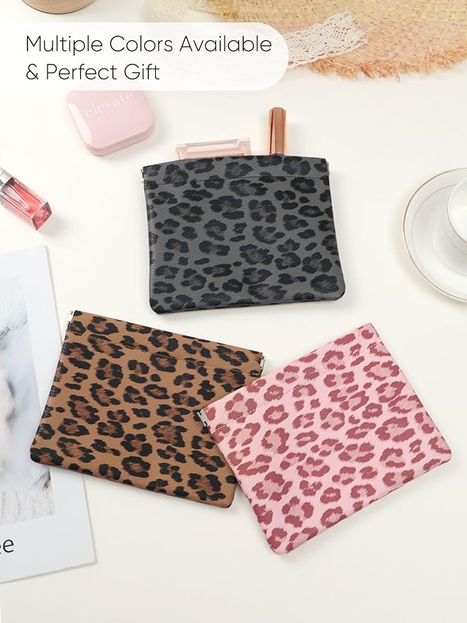 Leopard Leather Small Makeup Pouch for Women,Cosmetic Accessories Organizer,Waterproof and Portable Cosmetic Bag,Self-closing, No Zipper, Aesthetic Storage Pouch,Lipstick for Purse,Black