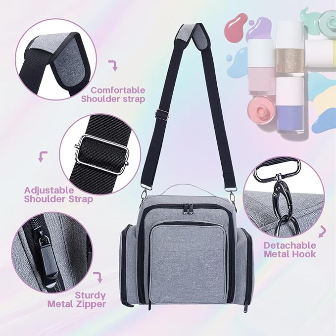 Nail Polish Organizer Holds 60 Bottles and a Nail Lamp,Portable Travel Case with 2 Removable Bags and Tools Storage Pockets Grey